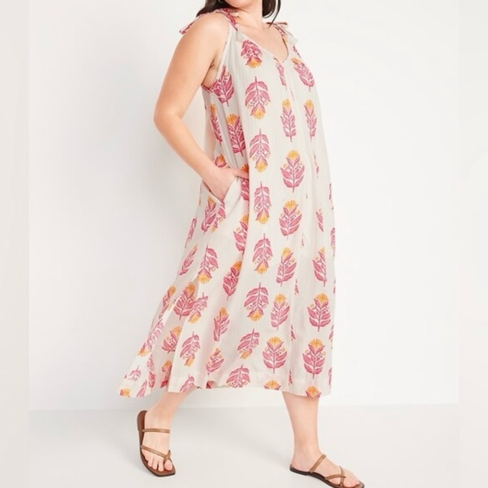 Old Navy Floral Sleeveless All-Day Maxi Dress Tie Shoulder Pink & Cream Size XL